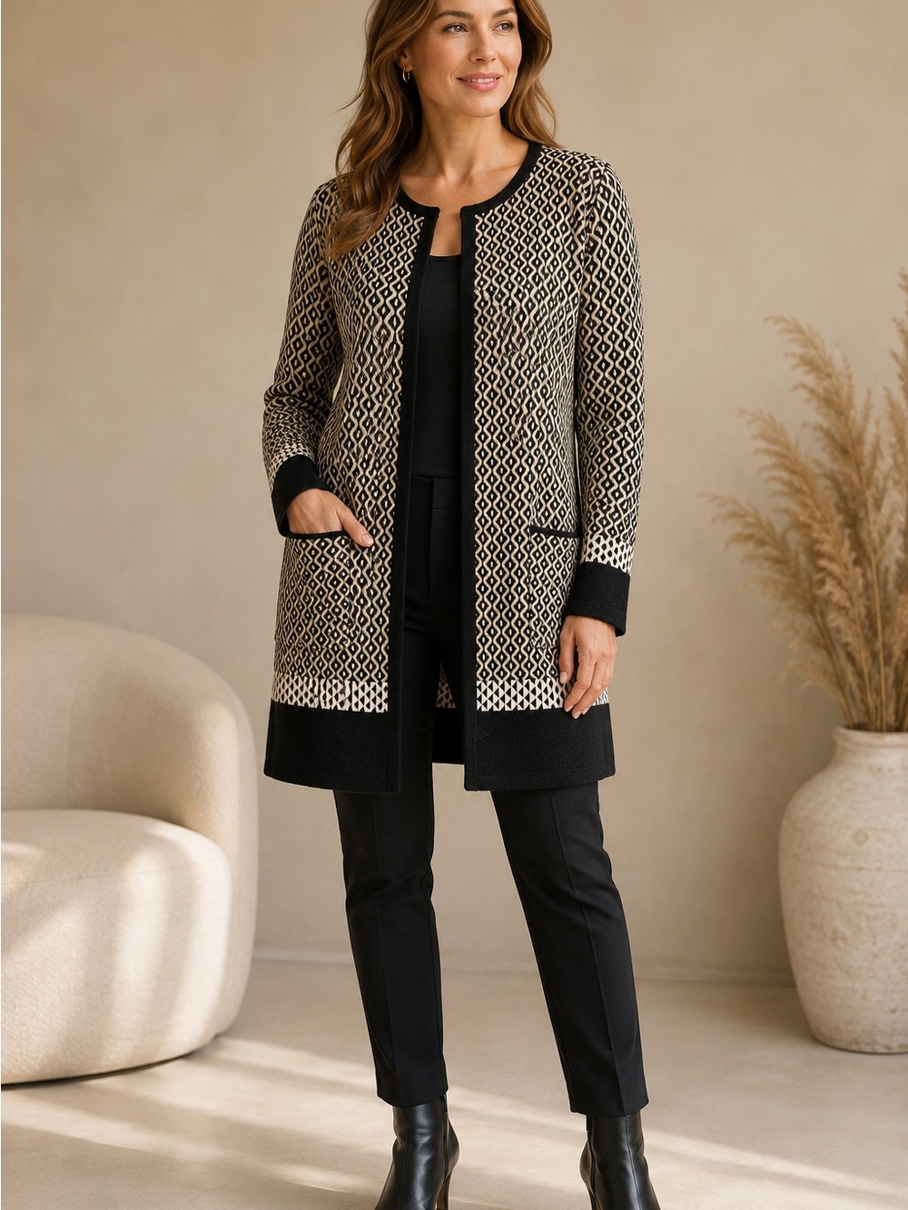 Calligraphie Geometric Jacquard Longline Cardigan Sweater M NWT